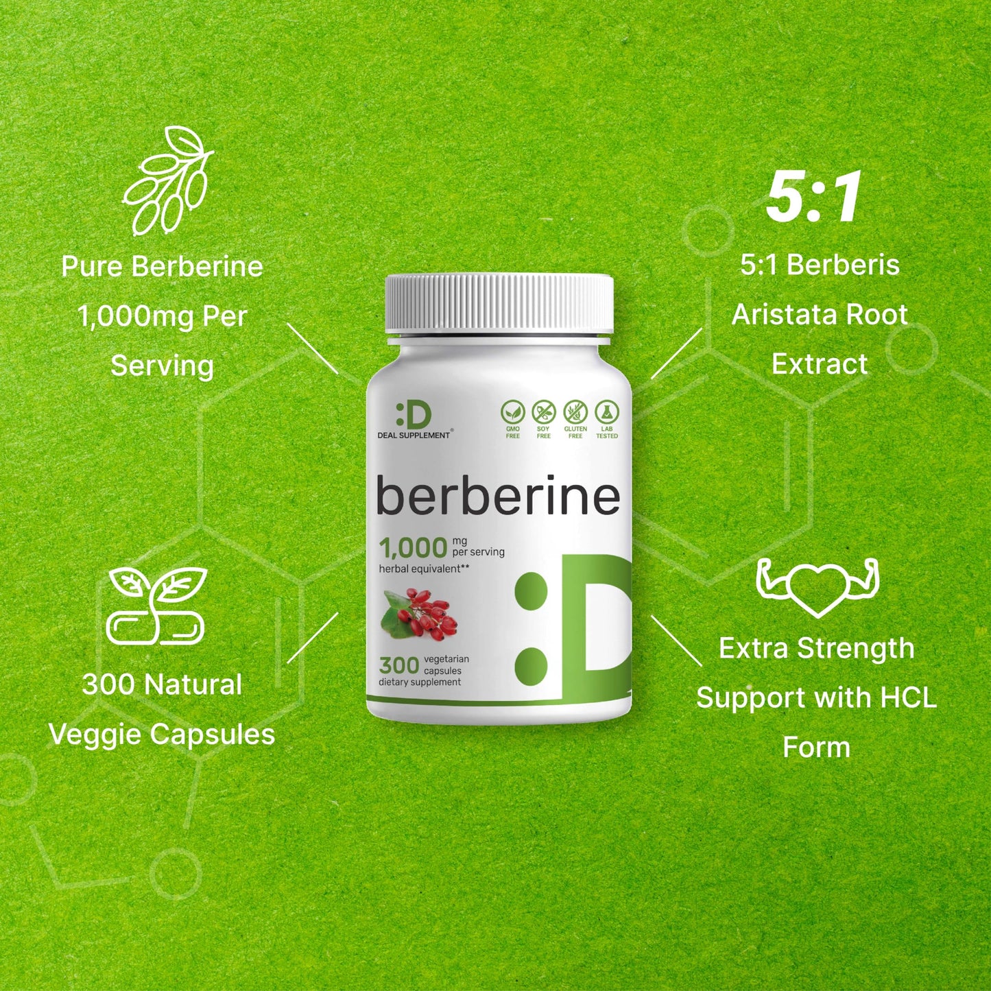 Berberine Supplement, 1,000mg Per Serving, 300 Veggie Capsules – 97% Pure Berberine DEAL SUPPLEMENTUS supplements