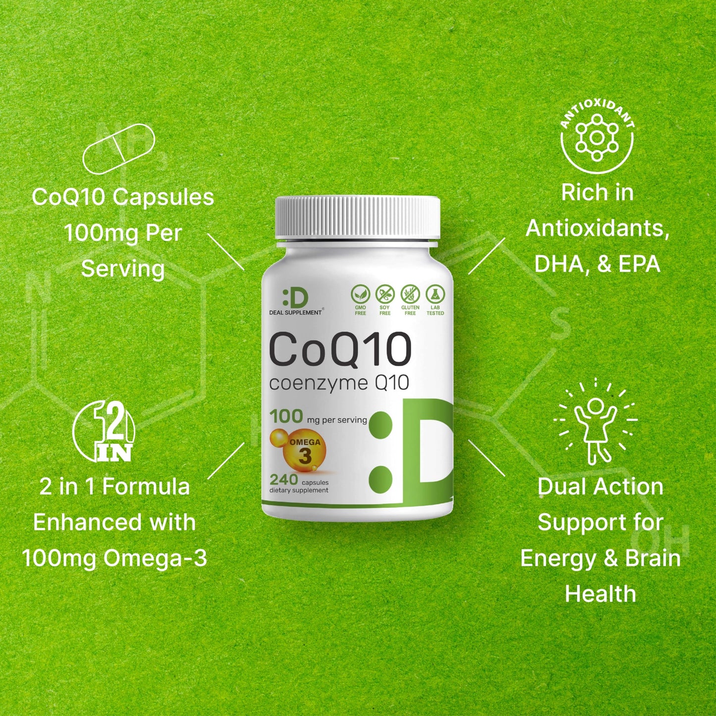 CoQ10 100mg, 240 Capsules – with Omega 3 Fatty Acid 100mg – Bioavailable Coenzyme DEAL SUPPLEMENTUS supplements