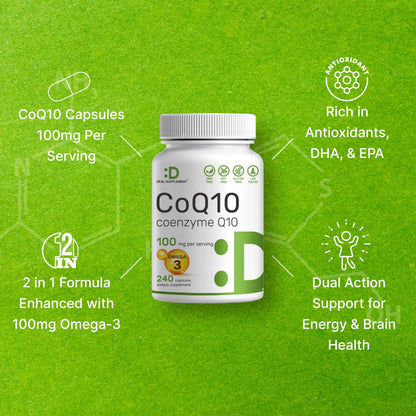CoQ10 100mg, 240 Capsules – with Omega 3 Fatty Acid 100mg – Bioavailable Coenzyme DEAL SUPPLEMENTUS supplements