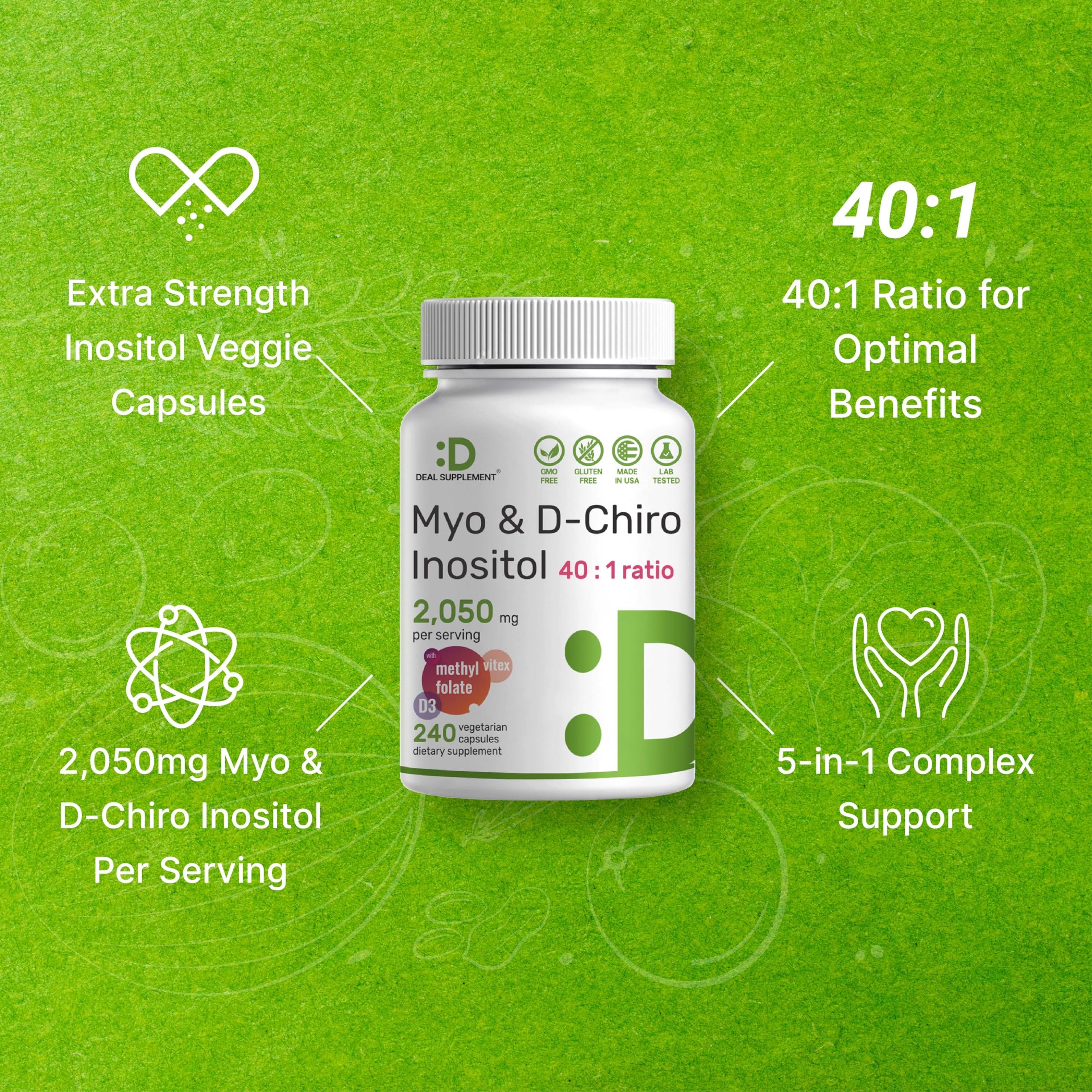 Myo-Inositol & D-Chiro Inositol Supplement (40:1) 2,050mg Per Serving, 240 Veggie Cap DEAL SUPPLEMENTUS supplements